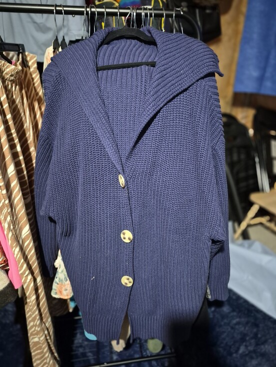 Sweaters - Cotton 3x-4x Navy Hooded Button-Front Women's Sweater
